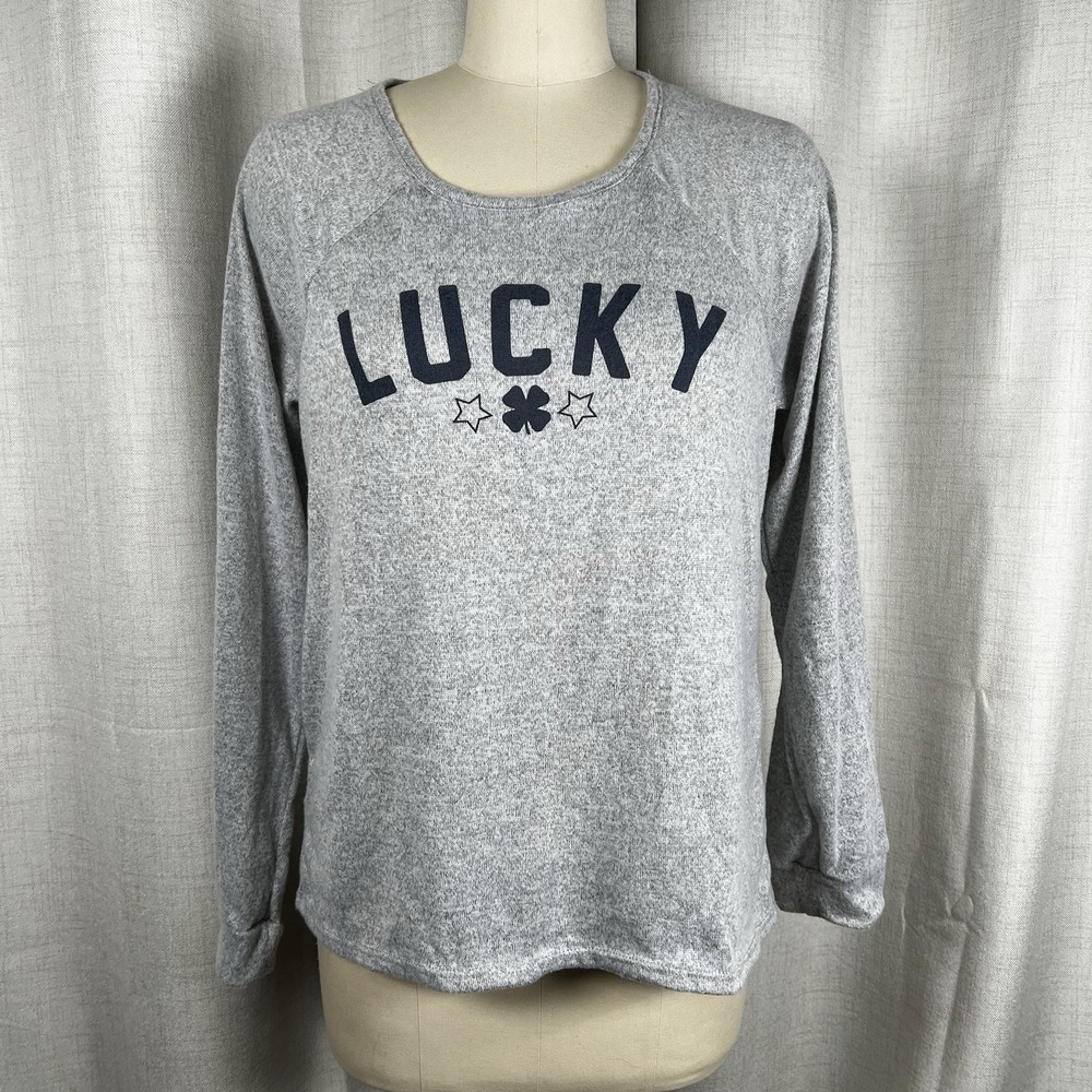 NEW! Lucky Brand Top Sweatshirt Womens Large Gray Shamrock Boat Neck Lightweight